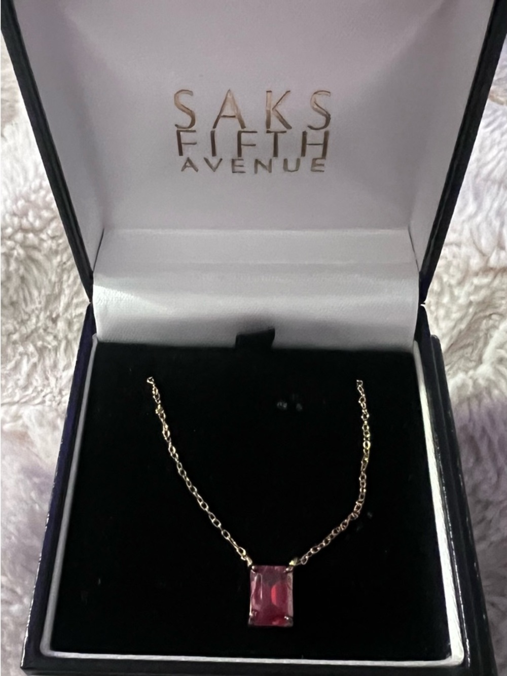 Saks Fifth Avenue Gold Necklace with Red Rectangular Gem